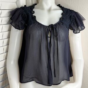 Willow & Clay Navy Blue Sheer Boho Blouse Lace Shoulder Tie Front Top